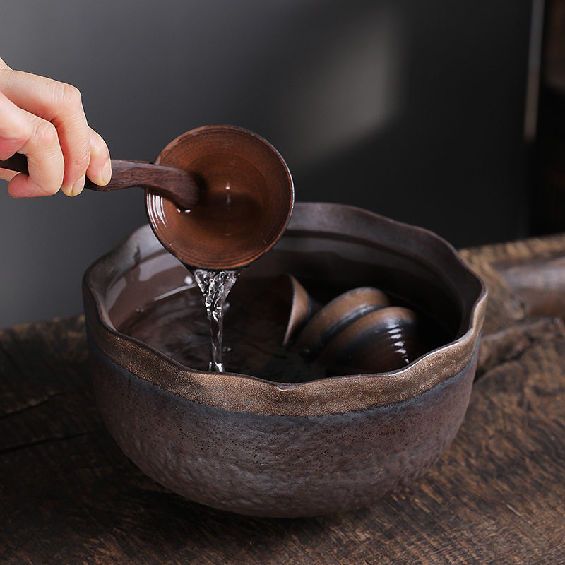 描银粗陶茶渣缸茶洗缸陶瓷茶碗日式茶道配件建水杯洗家用笔洗水盂