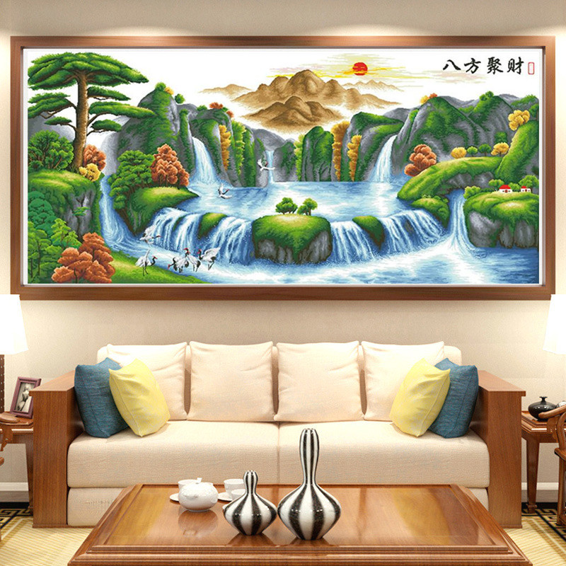 八方聚财钻石画满钻客厅新款贴钻十字绣迎客松5D砖石秀山水图