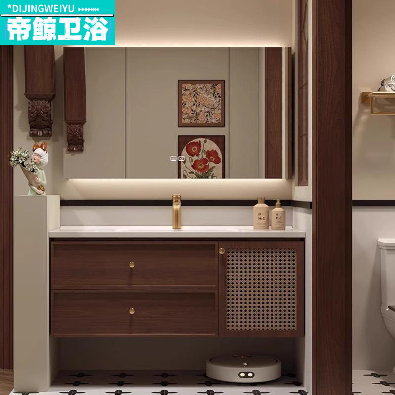 橡木实木浴室柜陶瓷一体盆法式复古藤编组合中古风洗漱台卫生间洗
