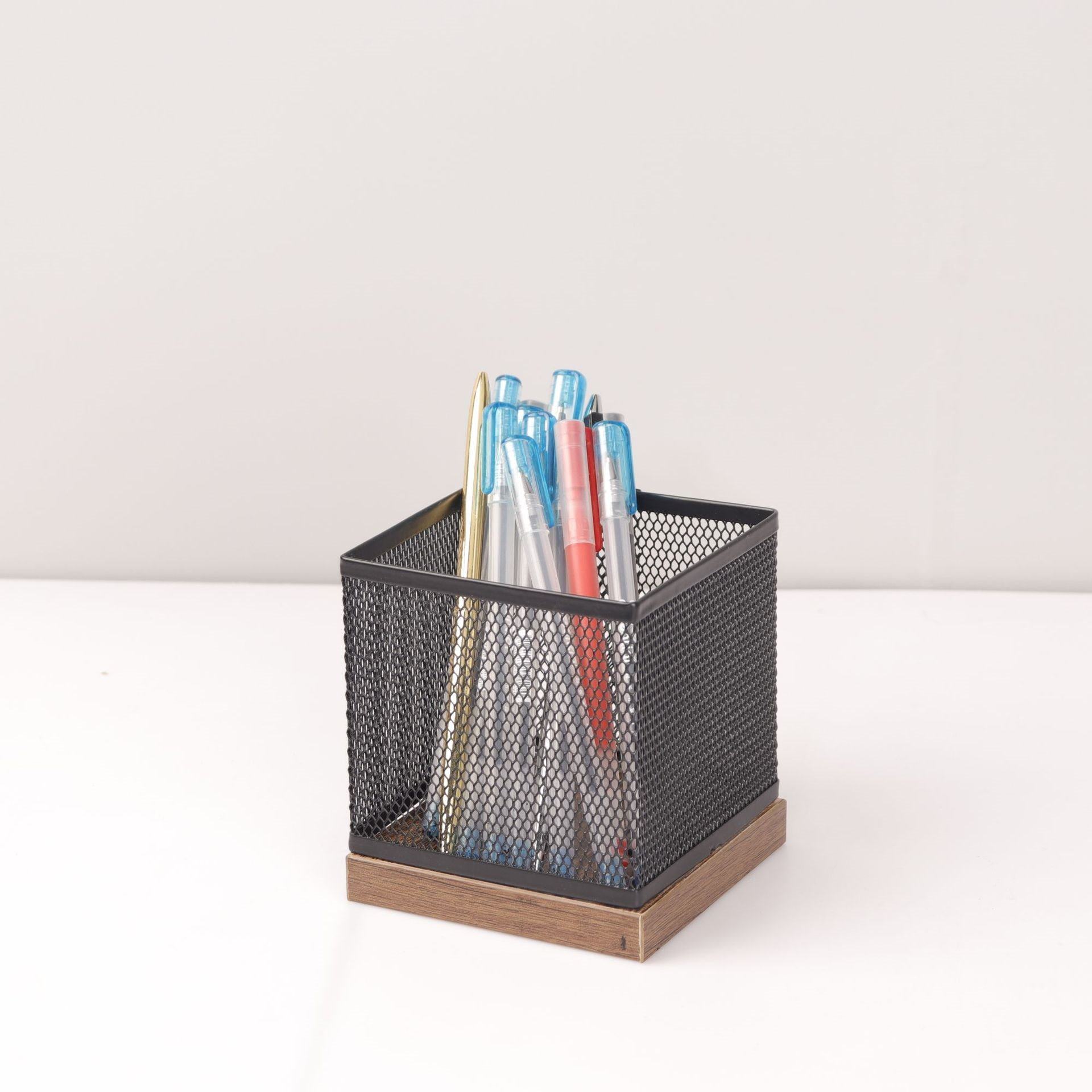 文具金属网状笔筒黑方形网格学生大容量防滑笔盒简约