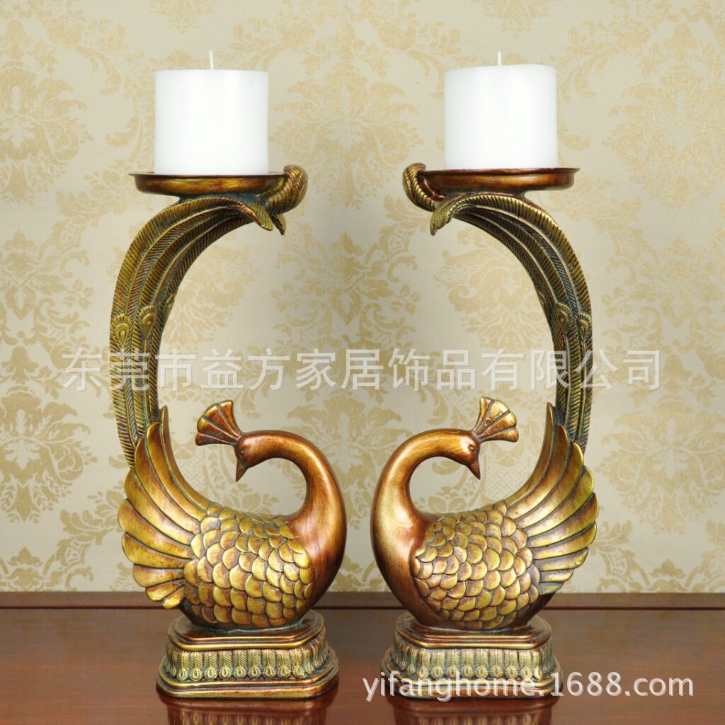欧式套二仿古孔雀烛台 美式乡村工艺摆件 婚房摆设 树脂工艺品