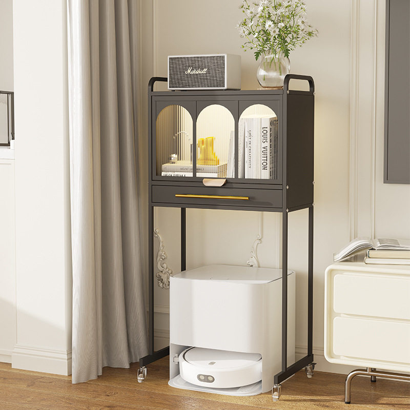 防尘高脚收纳柜 落地万向轮防尘上翻门带抽屉扫地机器人置物架