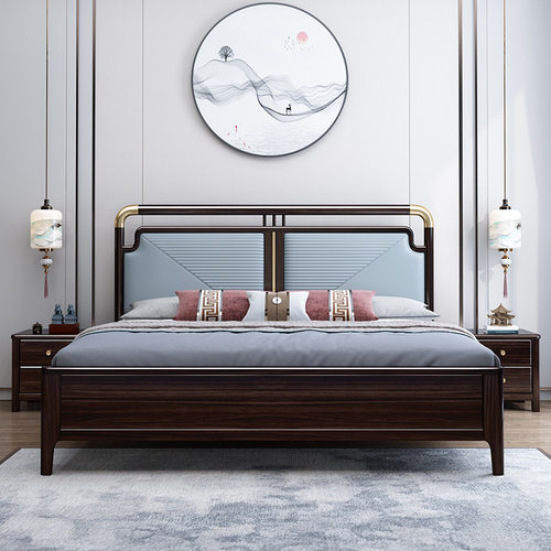 新中式胡桃木全实木床1.5米1.8m大婚床双人现代简约软靠卧室家具