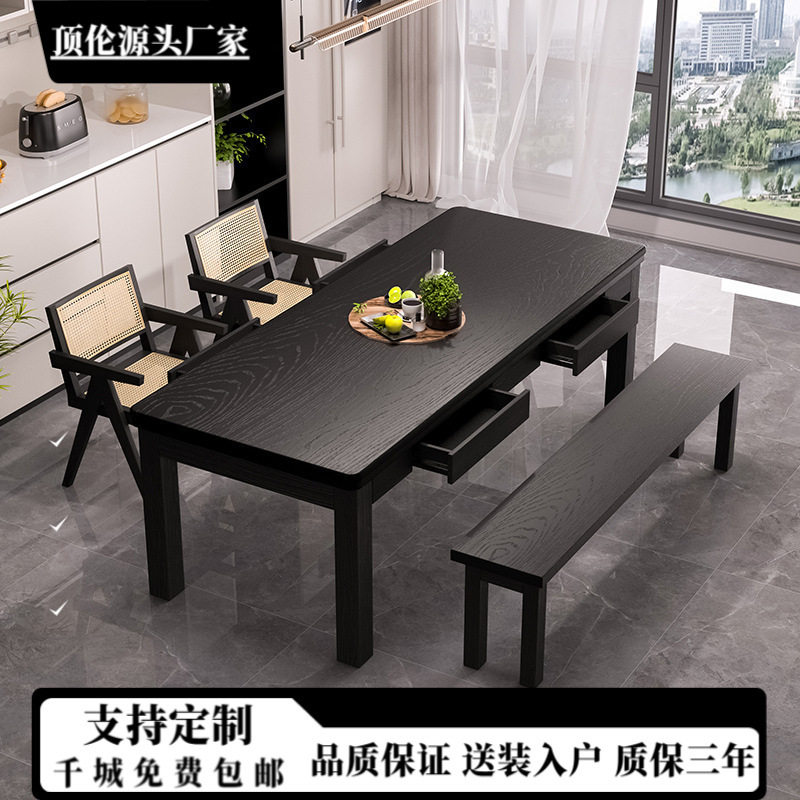 学习多用途带抽屉去用餐桌子黑色化吃饭客厅喝茶餐桌简约桌子实木