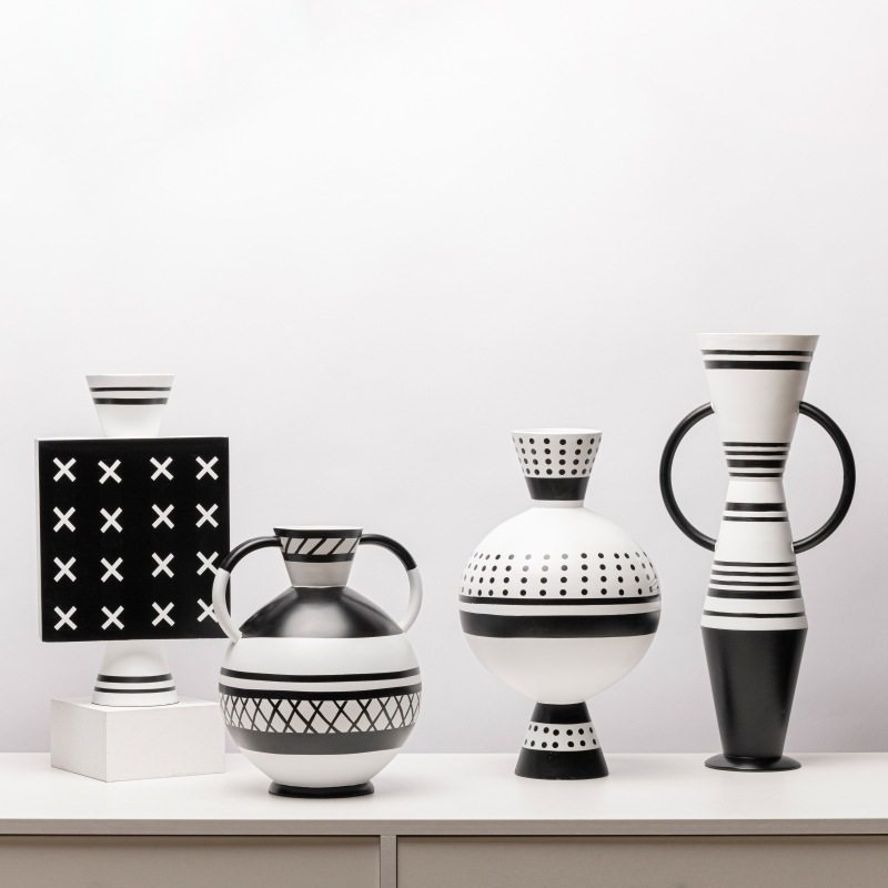 简约现代创意黑白条纹家居饰品摆件软装茶几餐桌面干花瓶花器配搭