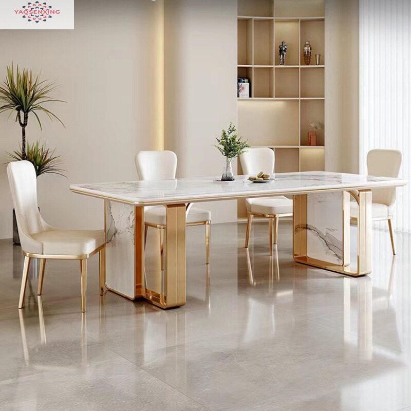 轻奢亮面岩板餐桌椅组合现代简约小户型长方形大理石家用吃饭桌子