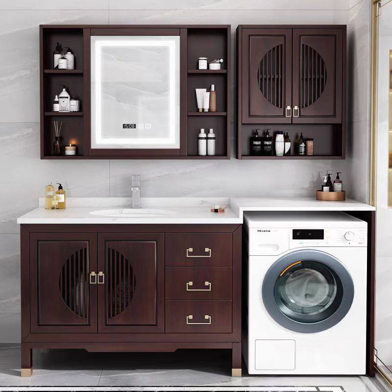 新中式橡木落地式岩板陶瓷盆洗衣机橡木一体柜卫生间浴室柜洗漱台