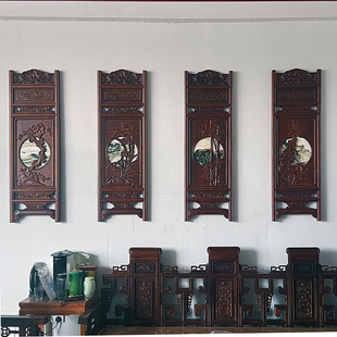 木雕客厅沙发背景大理石云石挂屏新中式实木四条屏香樟木挂画