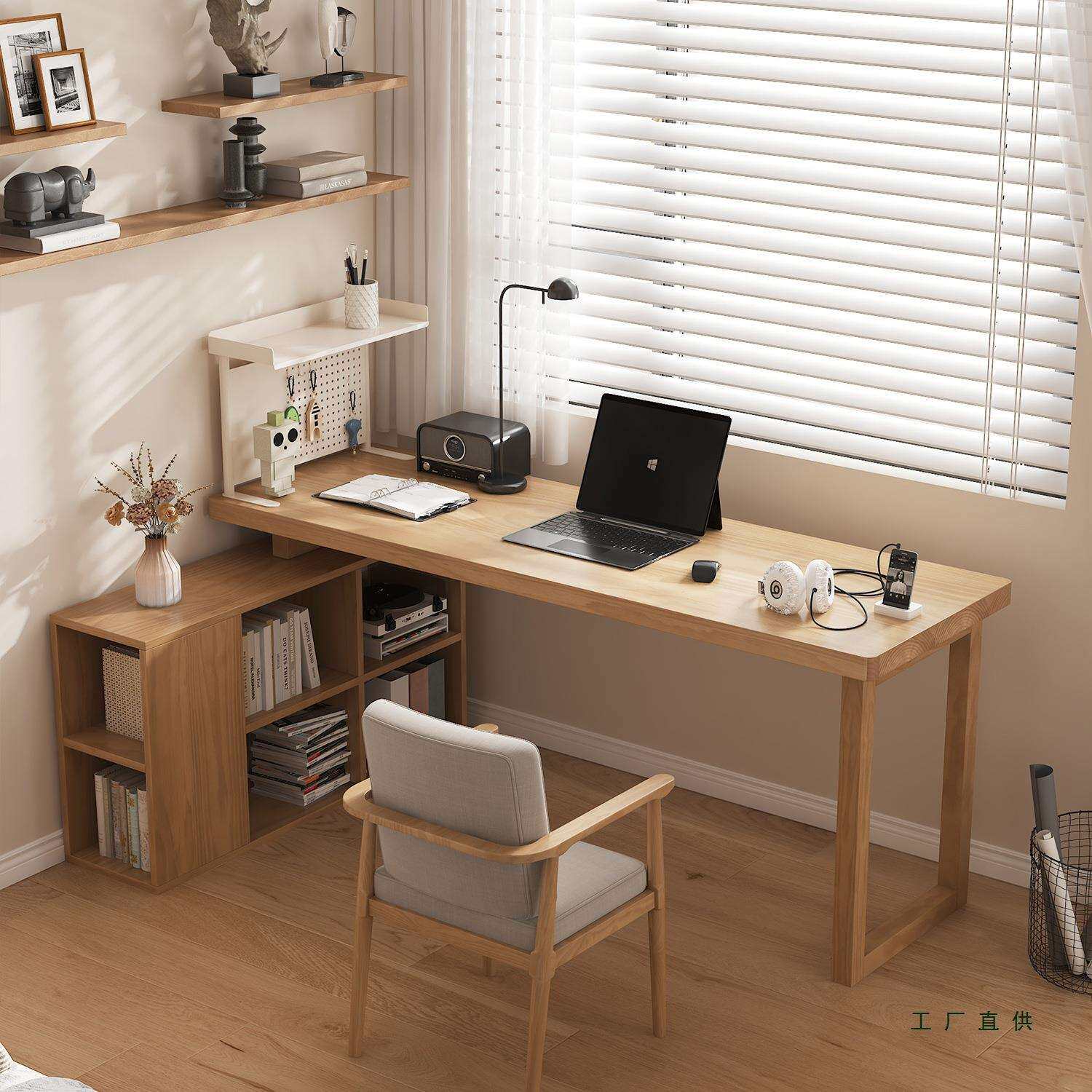 实木转角书桌书柜一体桌子学生家用学习桌卧室L型拐角伸缩电脑桌