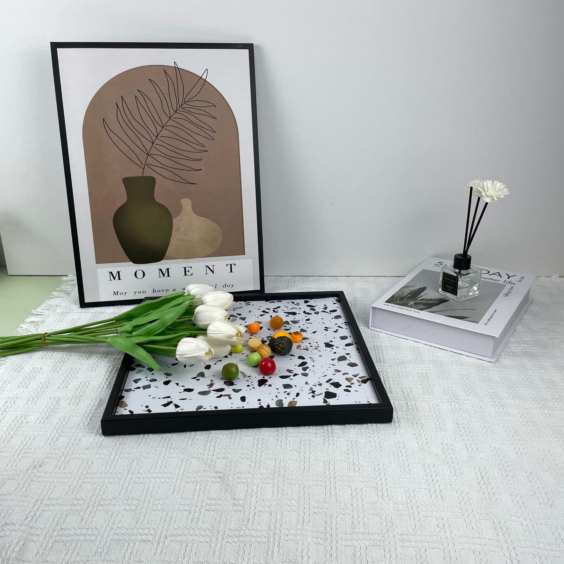 轻奢首饰棋盘格子托盘玄关收纳盘售楼处家居摆件样板房展示托盘