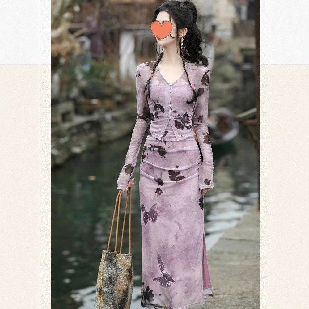 新中式法式复古紫色水墨吊带裙两件套女早秋高级感气质小妈连衣裙,女装/女士精品,大码套装,淘宝优惠券,粉丝福利购,淘宝优惠卷