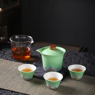 千里江山陶瓷旅行茶具玻璃茶水分离杯过滤便携一壶三杯套装 便携式