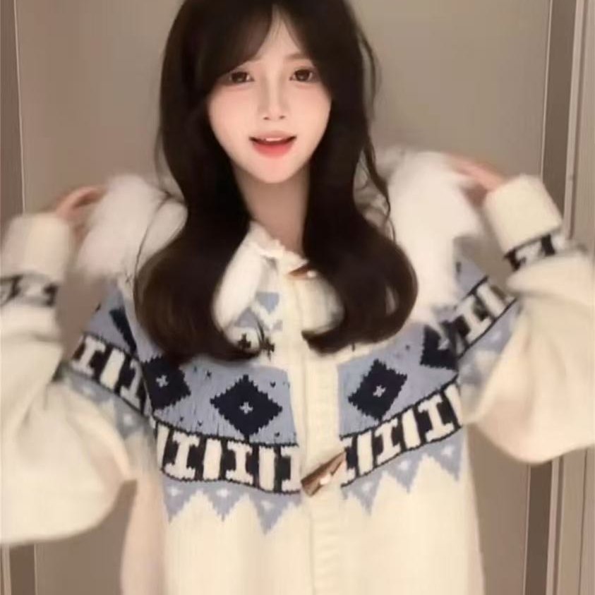 大版韩系可爱毛领连帽毛衣女秋冬季费尔岛提花宽松针织外套