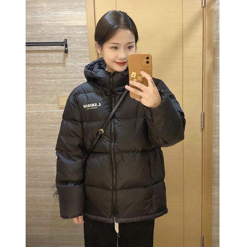简约韩系黑色棉服女短款连帽2025年新款冬季情侣男加厚面包羽绒服
