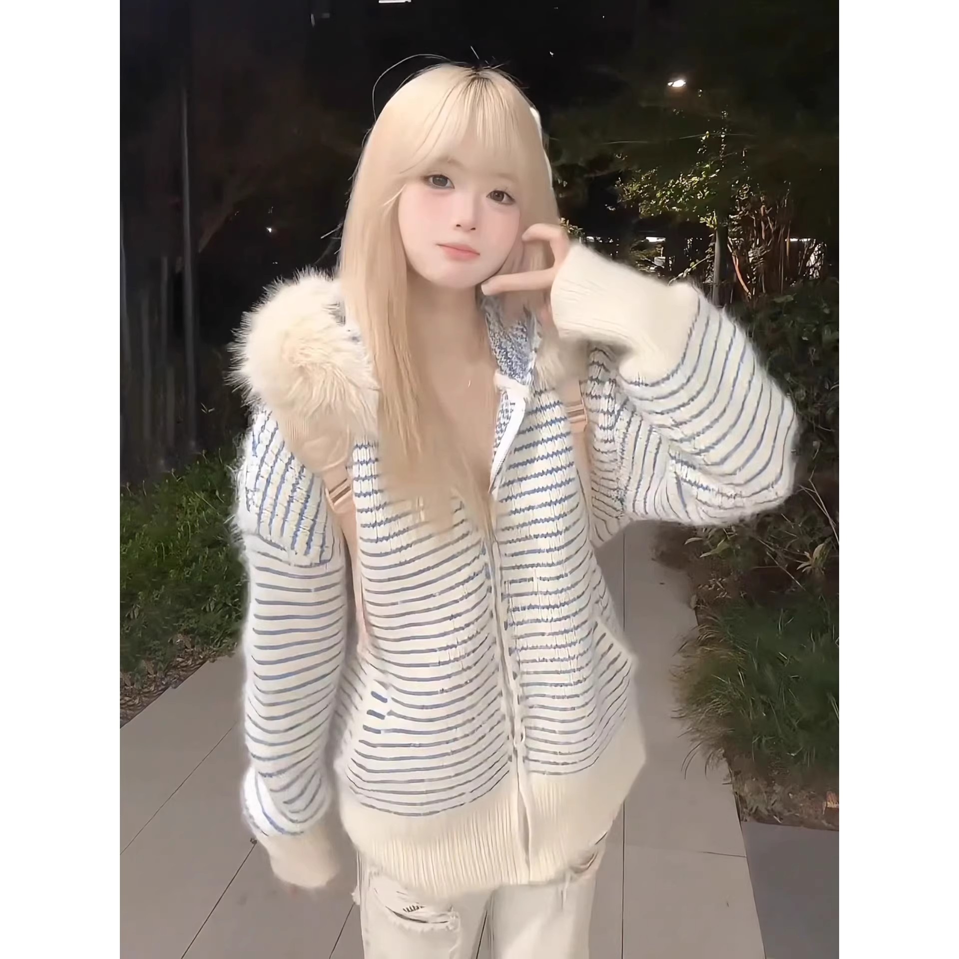 费尔岛连帽外套新款韩版毛领慵懒休闲宽松设计条纹秋冬开衫上衣