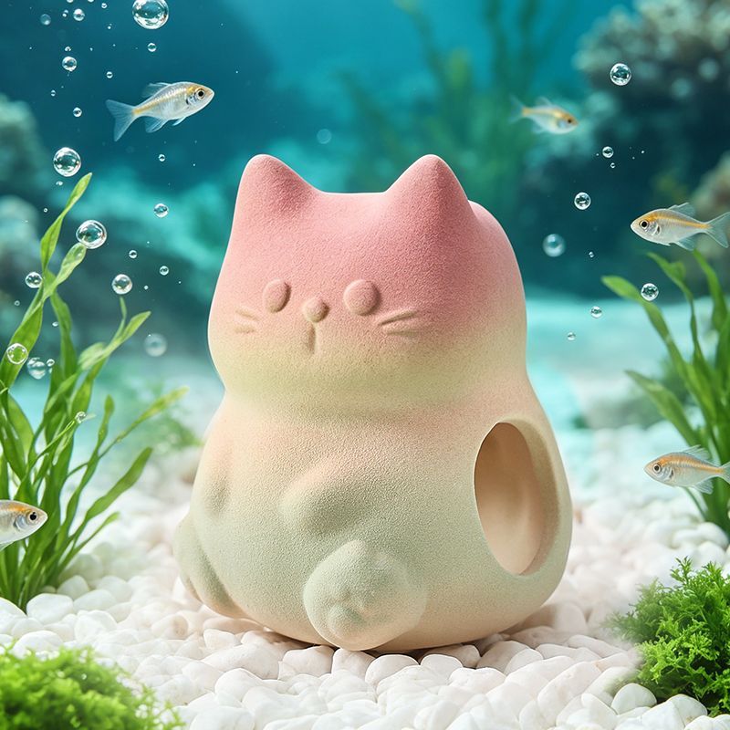 创意小猫造型粗陶斗鱼鱼虾躲避屋沉水式鱼缸造景装饰鹦鹉鱼繁殖屋