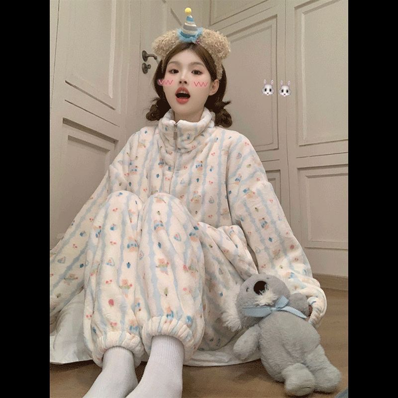 珊瑚绒睡衣女秋冬季新款加厚拉链开衫长袖韩版甜美宽松家居服套装