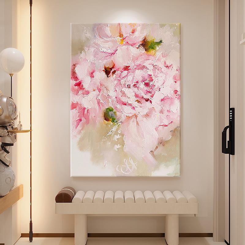 牡丹花手绘油画抽象肌理画奶油风玄关客厅餐厅装饰画花开富贵挂画