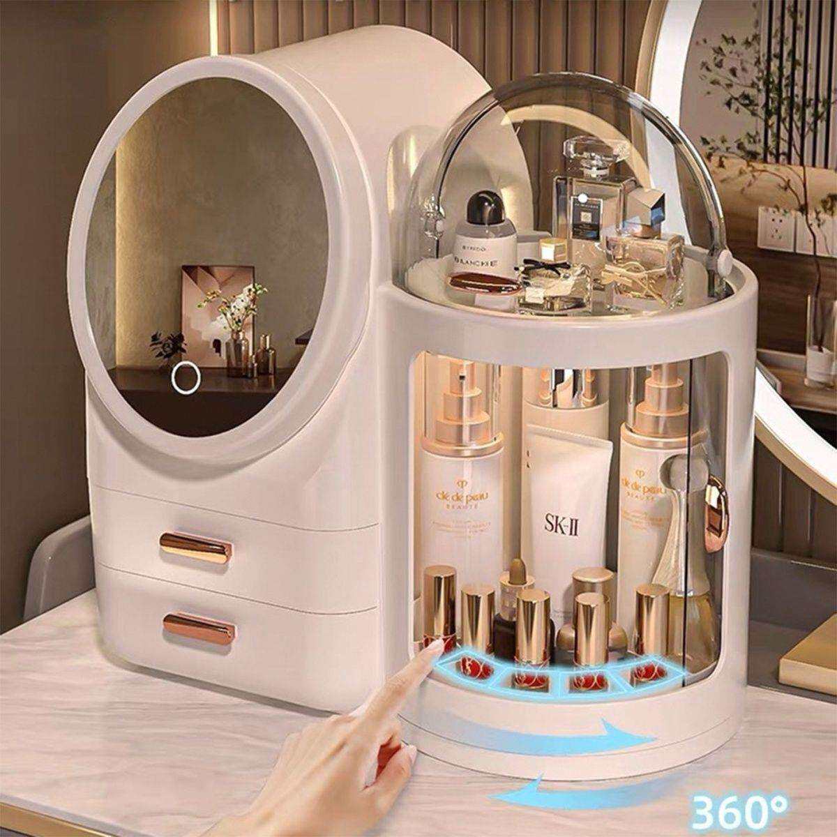 化妆收纳盒梳妆台带灯镜子一体箱高级感桌面护肤品置物架防尘旋转