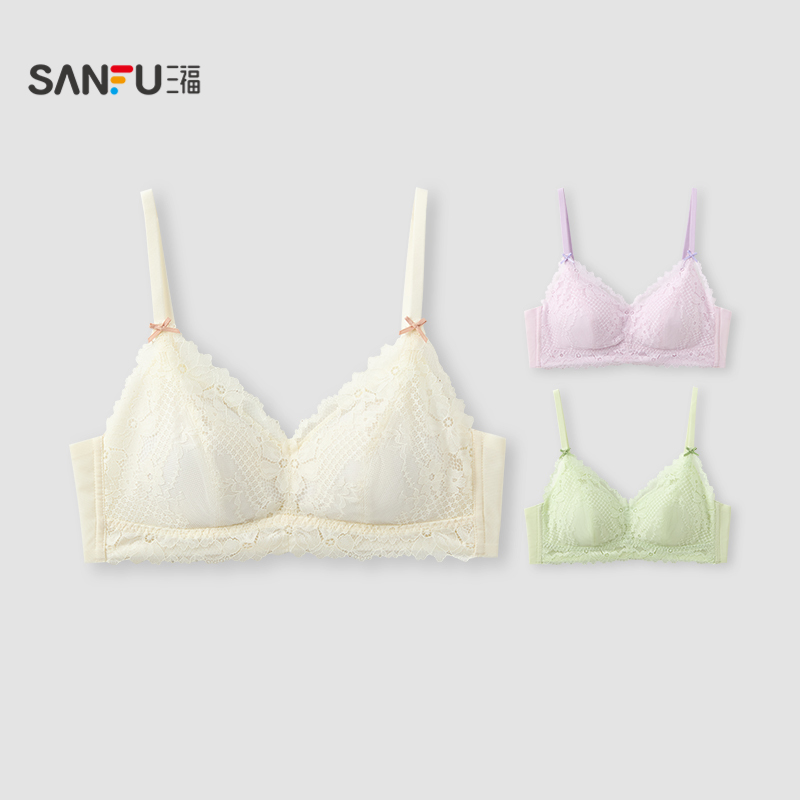 三福 薄杯无钢圈文胸 法式三角杯浪漫柔软花朵蕾丝内衣女513250