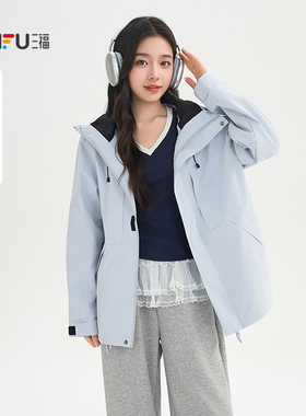 三福单外套2026春季可拆卸连帽魔术贴袖多口袋上衣女装521212