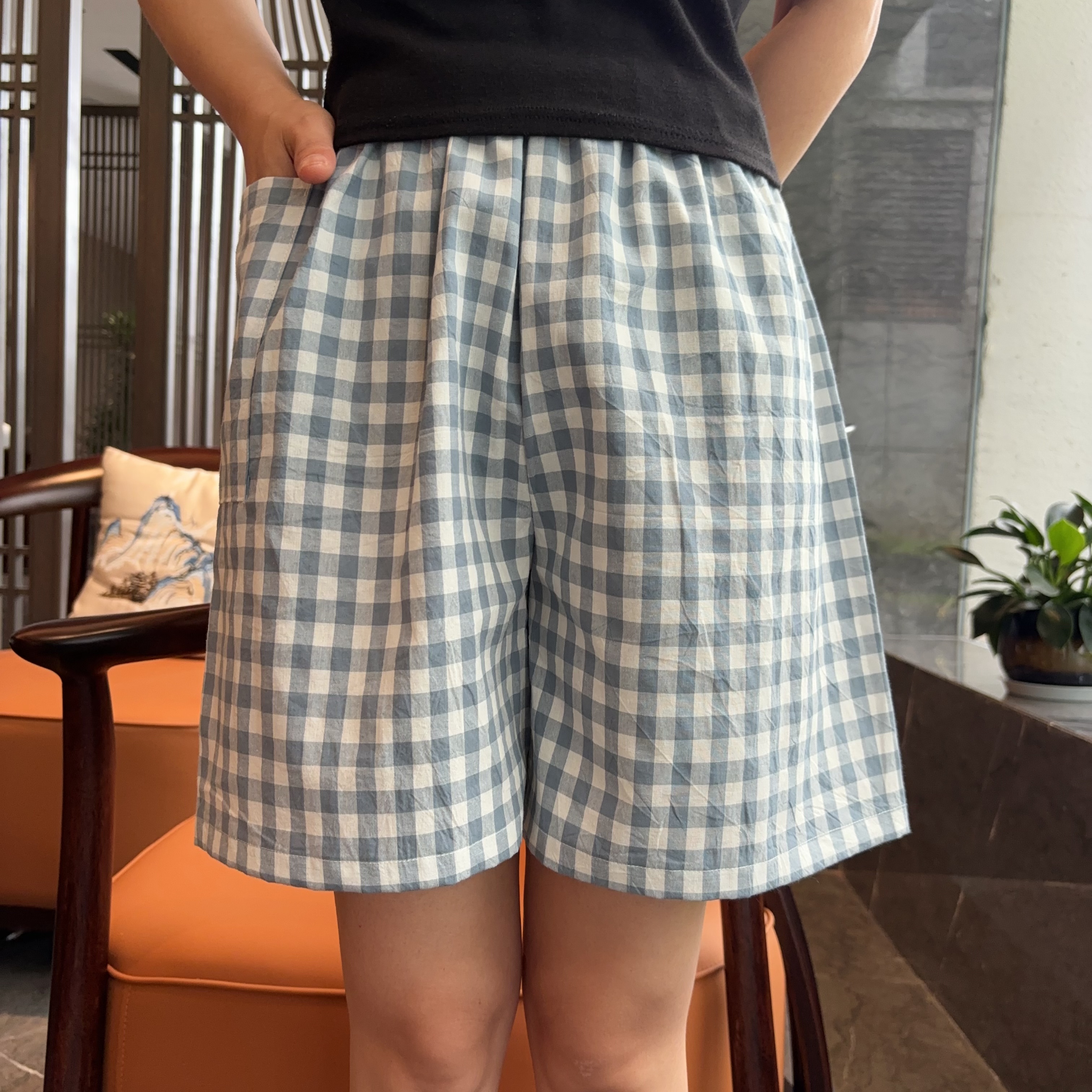 女士纯棉短裤睡裤夏季薄款休闲格子水洗棉布家居裤宽松大码可外穿