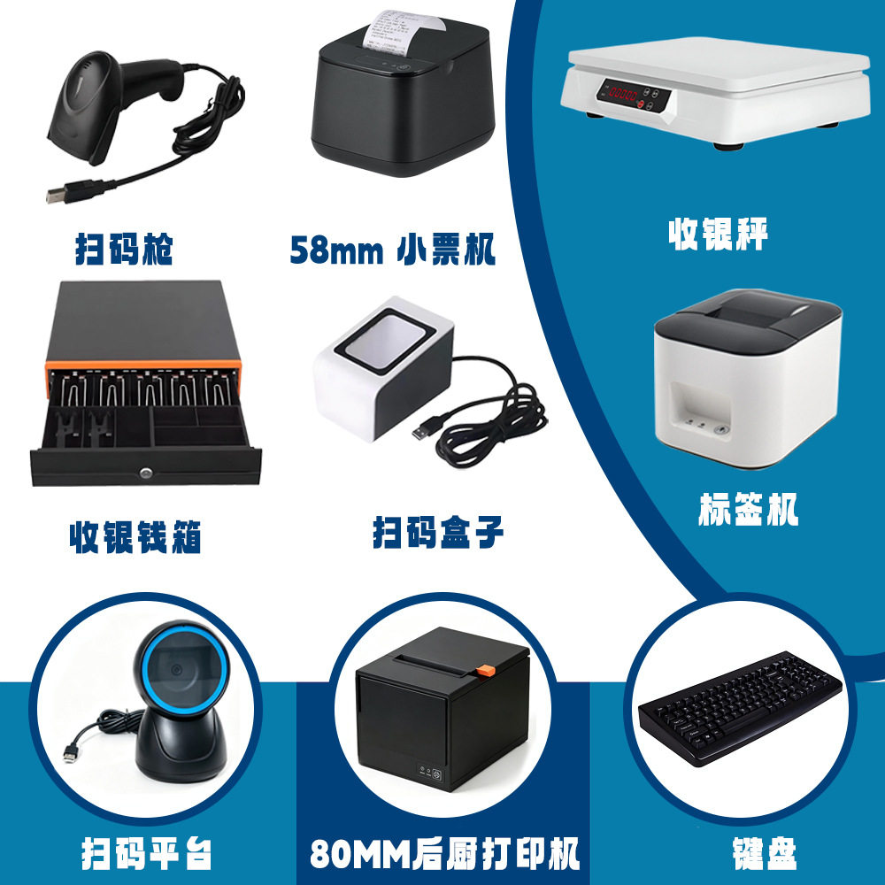 +标签机+58mm小票机+80mm后厨打印机+扫码平台+支付盒+钱箱条码