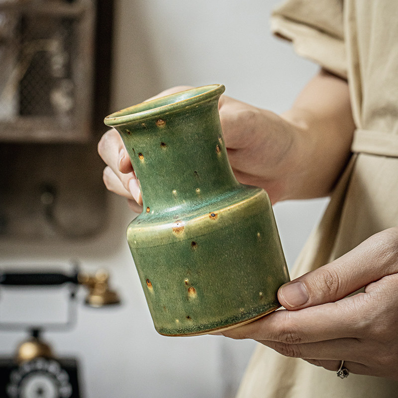 巷子尾〖做旧斑驳感〗日式粗陶绿色花瓶茶室民宿插花器复古风摆件