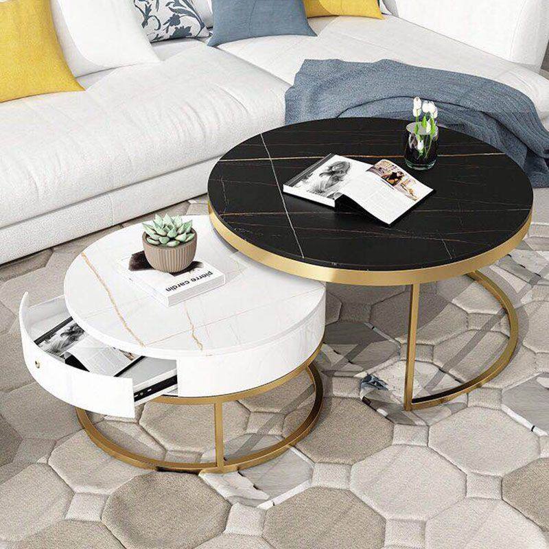创意大理石岩板茶几简约现代小户型圆形家用带抽屉多功能子母客厅