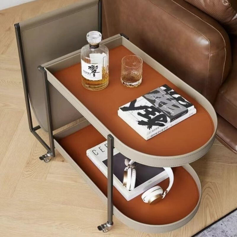 轻奢马鞍皮沙发边几客厅阳台可移动置物架设计感推车小户型茶几