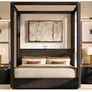 RH美式乡村实木橡木床复古做旧床法式四柱床架子床立柱蚊帐纱幔床