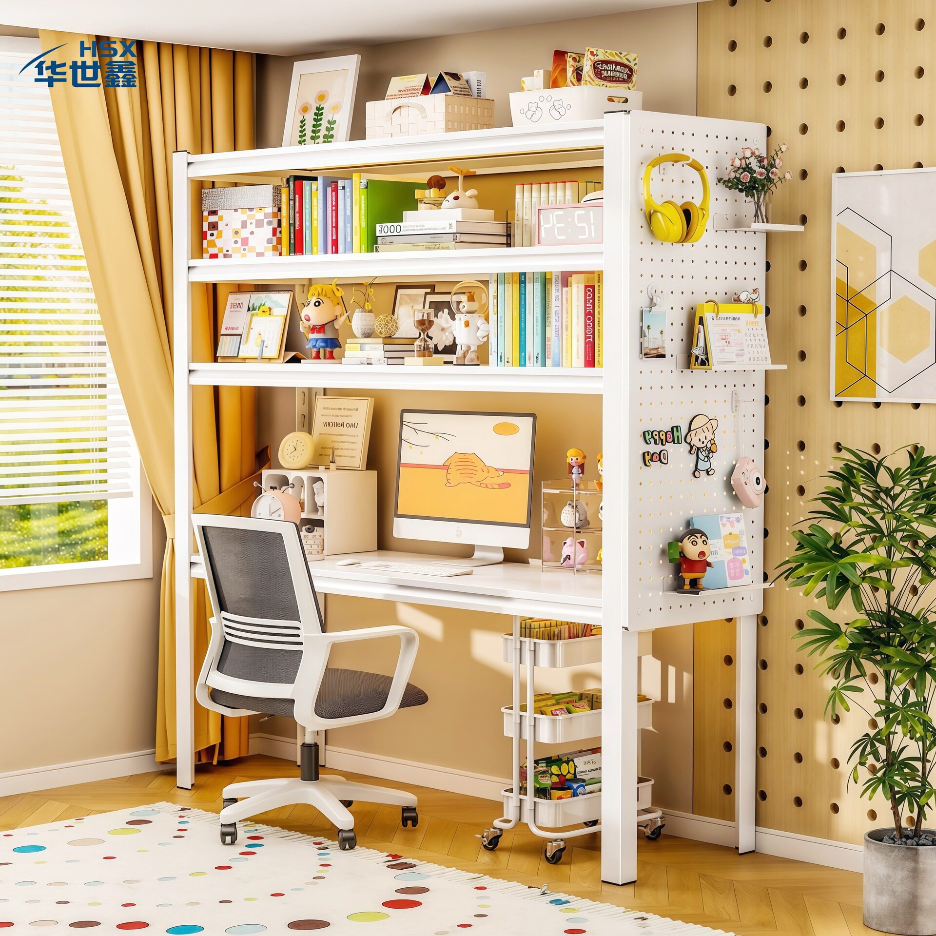 书桌书架一体落地置物架学生洞洞板多层储物收纳架简易货架电脑桌