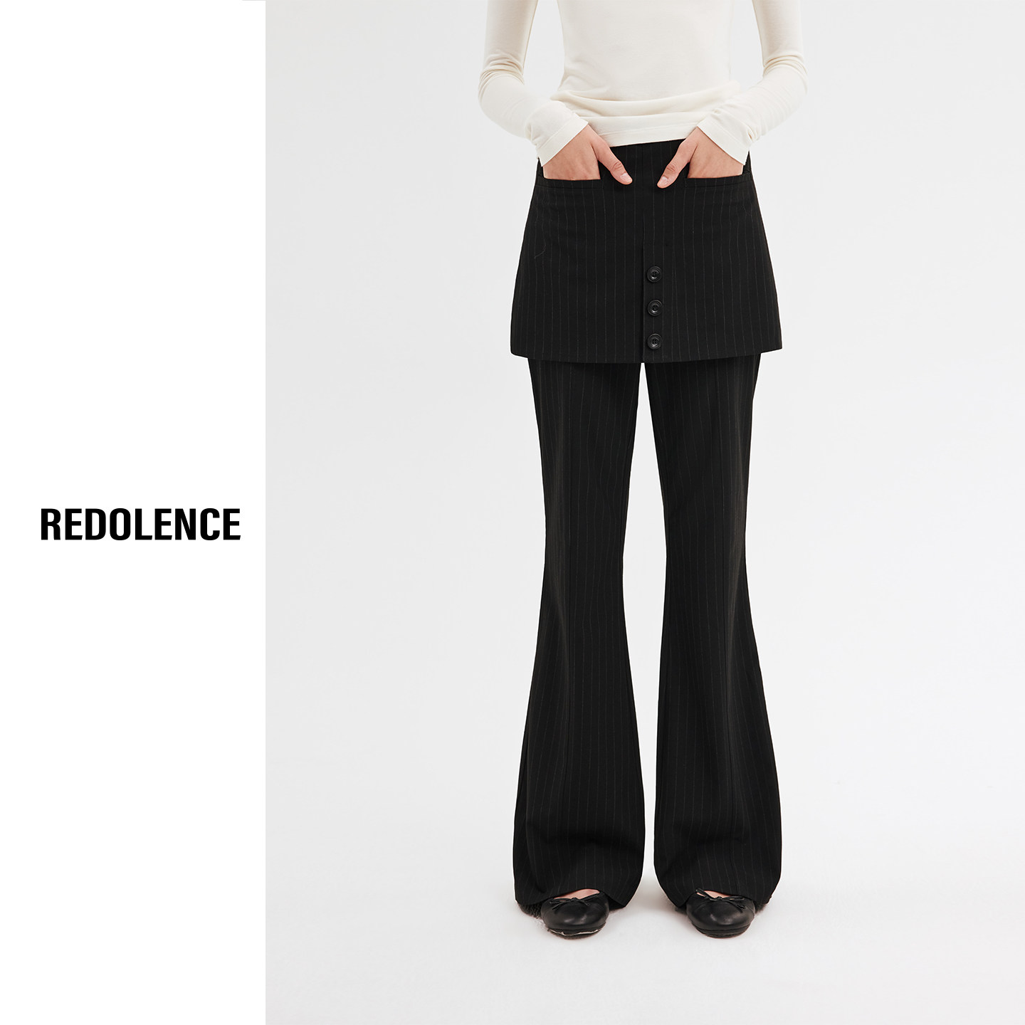 REDOLENCE暗条纹微喇裙裤女秋季复古时尚高腰假两件休闲裤裤子