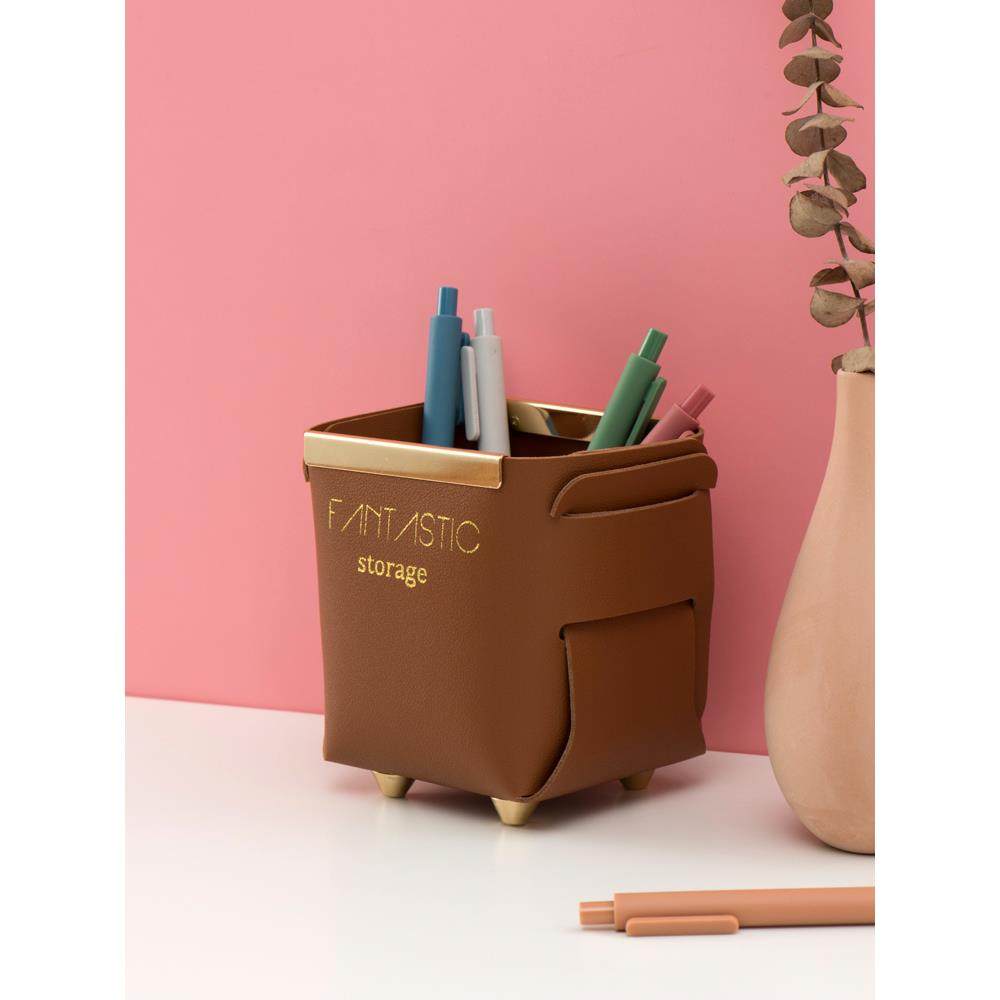 小西家北欧轻奢金边皮革收纳筒笔筒化妆刷筒家居杂物遥控器收纳