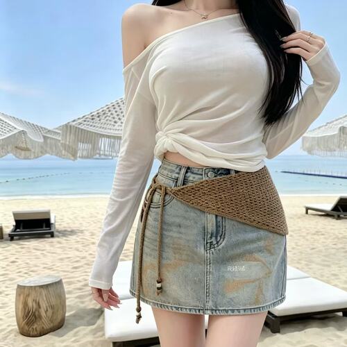 实拍韩系屁帘两件套牛仔短裙女夏高腰A字显瘦百搭扎染半身裙子潮