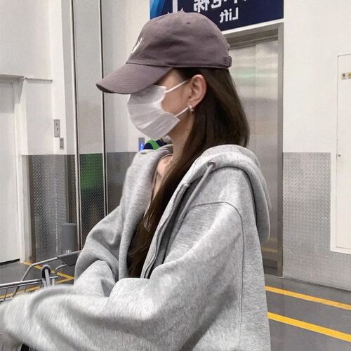 美式bm卫衣外套女春秋2025新款爆款韩系慵懒风厚薄款灰色开衫连帽