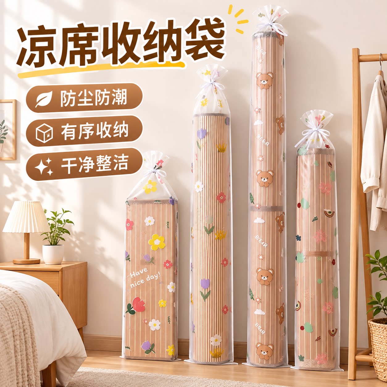 凉席收纳袋防潮防水直筒竹席套席子草席防尘袋子家用pe束口袋收纳