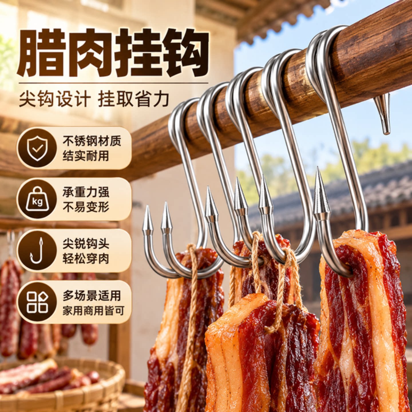 加粗S型晒腊肉挂钩304不锈钢大号实心挂猪肉香肠烤鸭尖头挂肉钩子