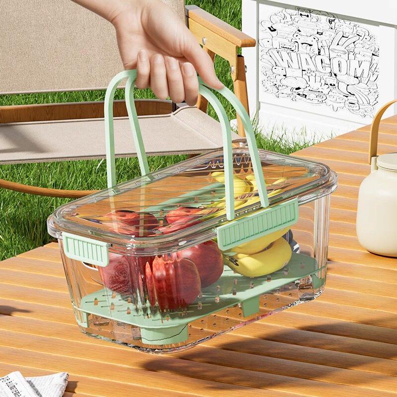 户外野餐水果便当盒手提便携保鲜盒双层大容量冰箱瓜果蔬菜保鲜盒