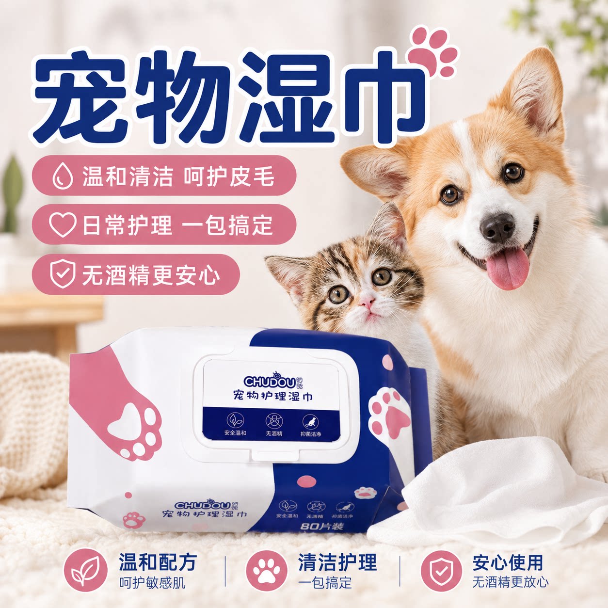宠物湿巾猫咪狗狗杀菌除臭专用湿纸巾免洗擦脚去泪痕清洁用品护理
