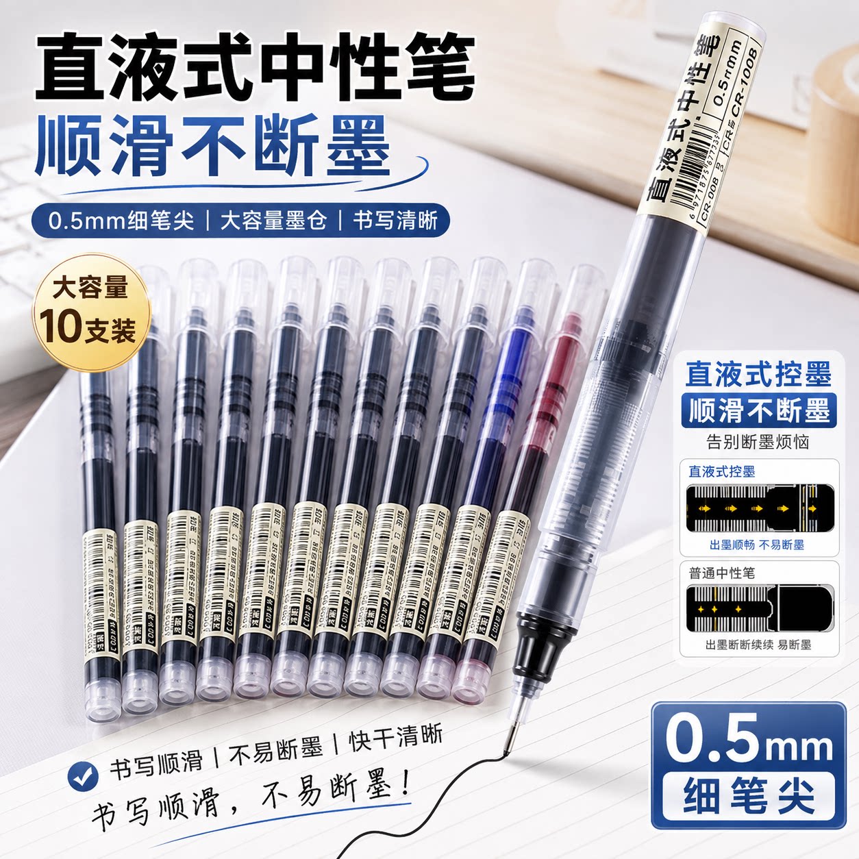 直液式0.5速干黑中性笔巨能写