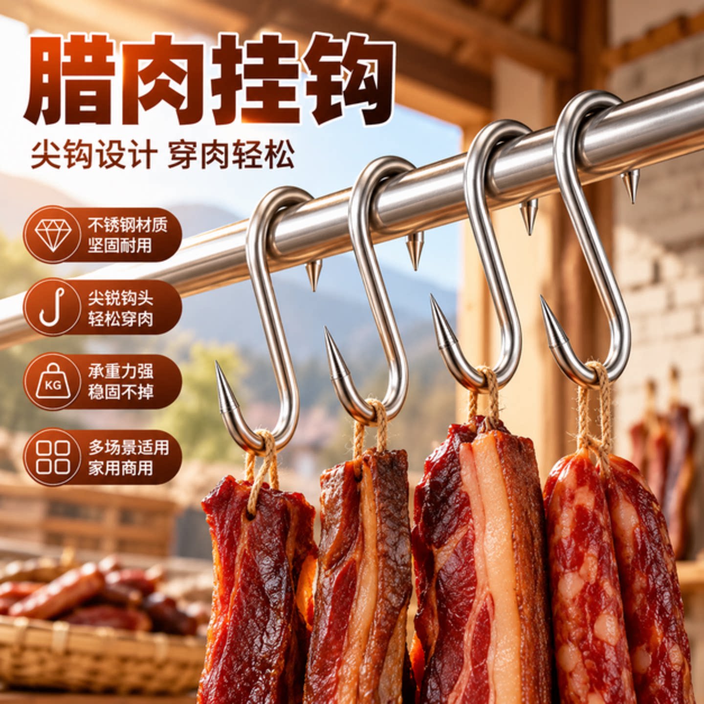 腊肉挂钩晒肉不锈钢加粗s型挂肉钩子烤鸭香肠腊肉勾尖头晒肉勾子