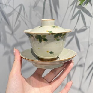 惊蛰 草木灰釉下彩手绘茶具桂花三才盖碗宽口茶碗功夫茶具泡茶器