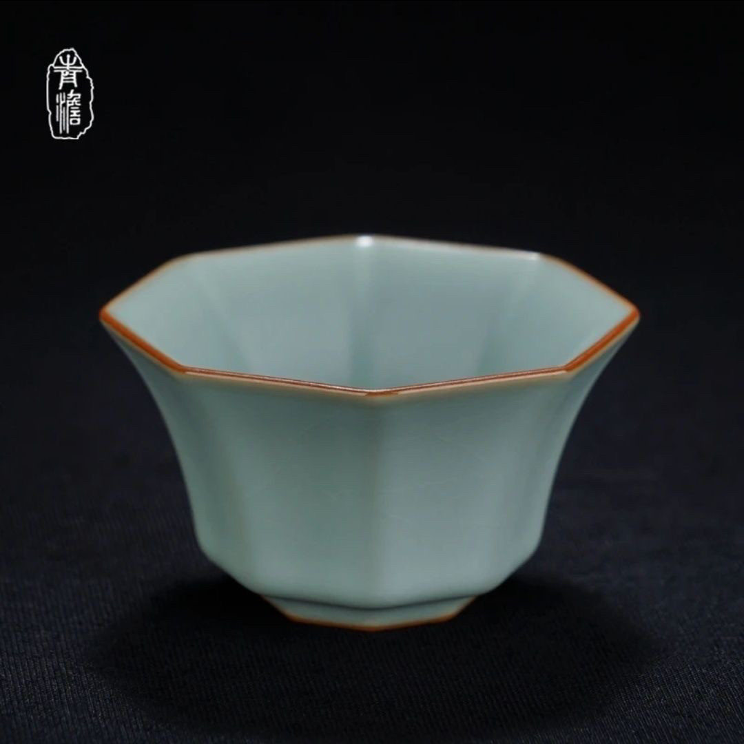 青澹汝窑八方杯主人杯茶杯单杯复古茶盏景德镇陶瓷汝瓷品茗杯开片