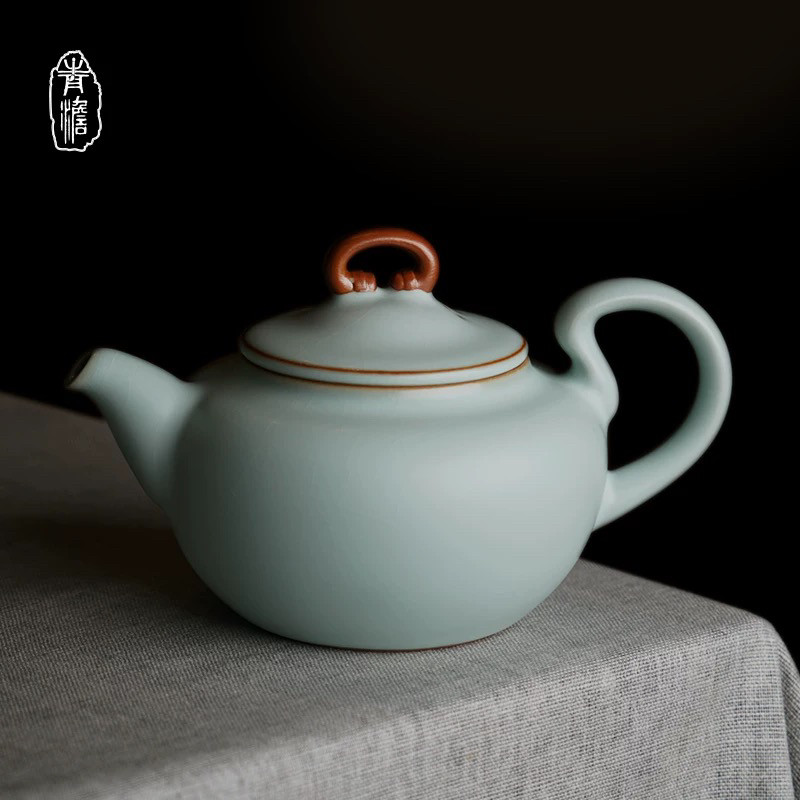 青澹汝窑茶壶单壶开片可养原矿陶瓷景德镇汝瓷冰裂釉青瓷礼盒装