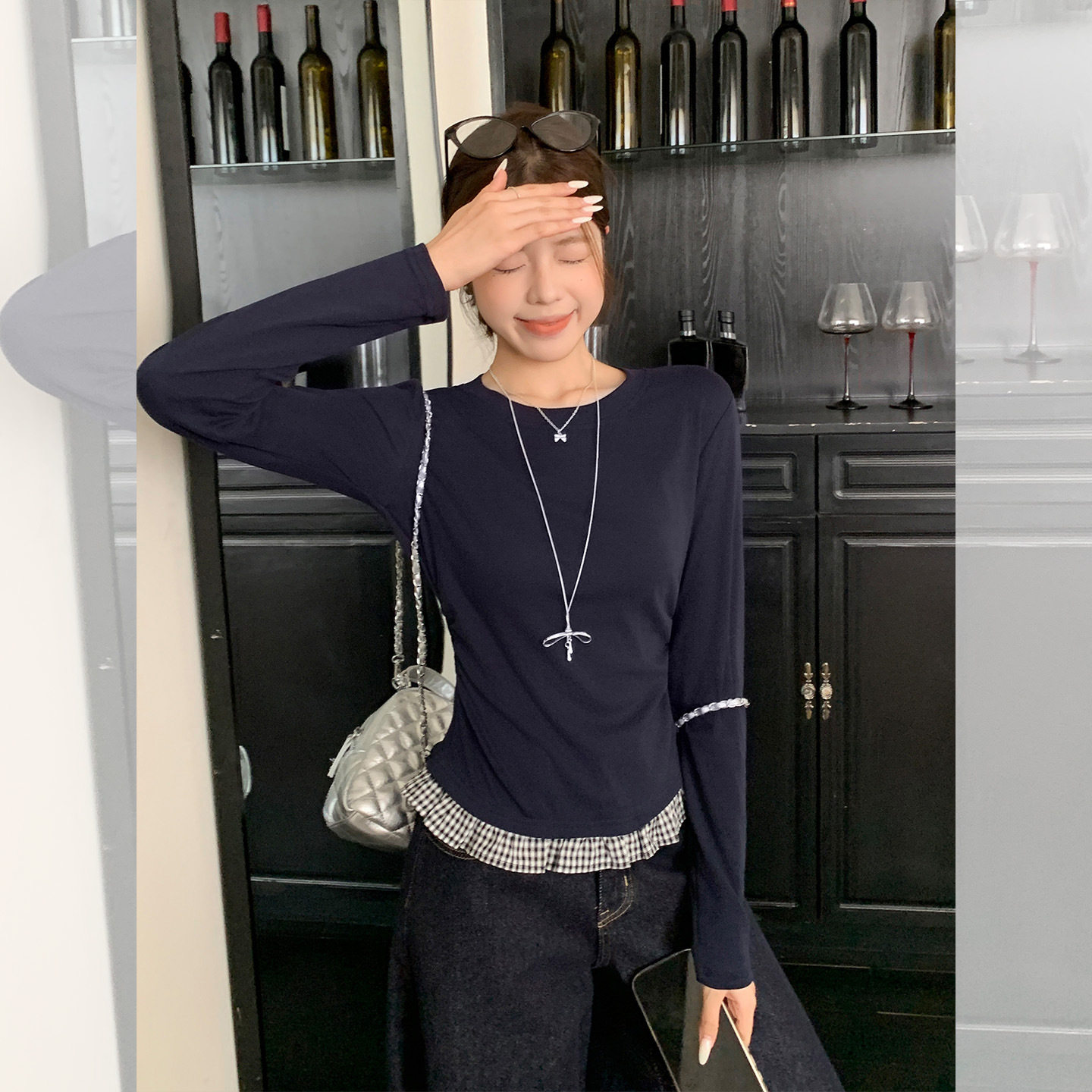 蝴蝶结格子拼接下摆长袖T恤