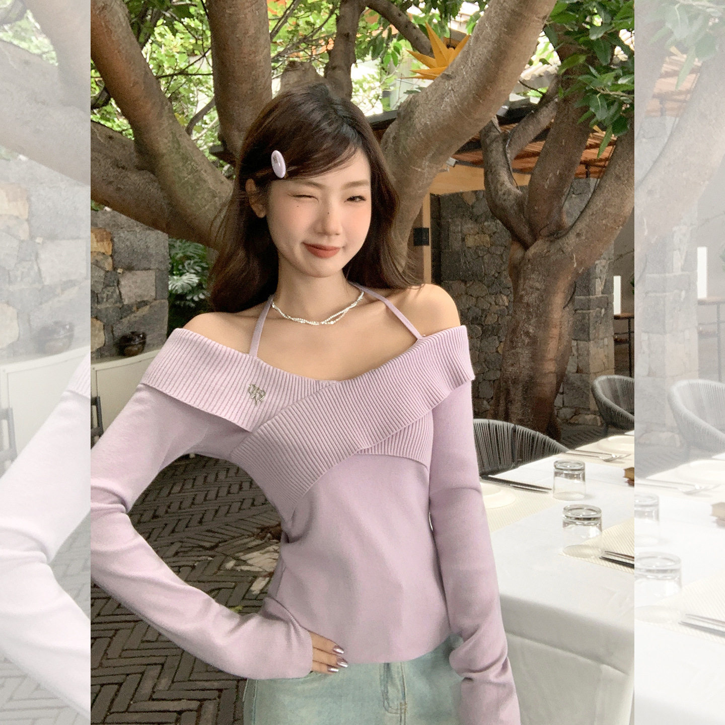 针织衫韩版女不规则交叉拼接上衣