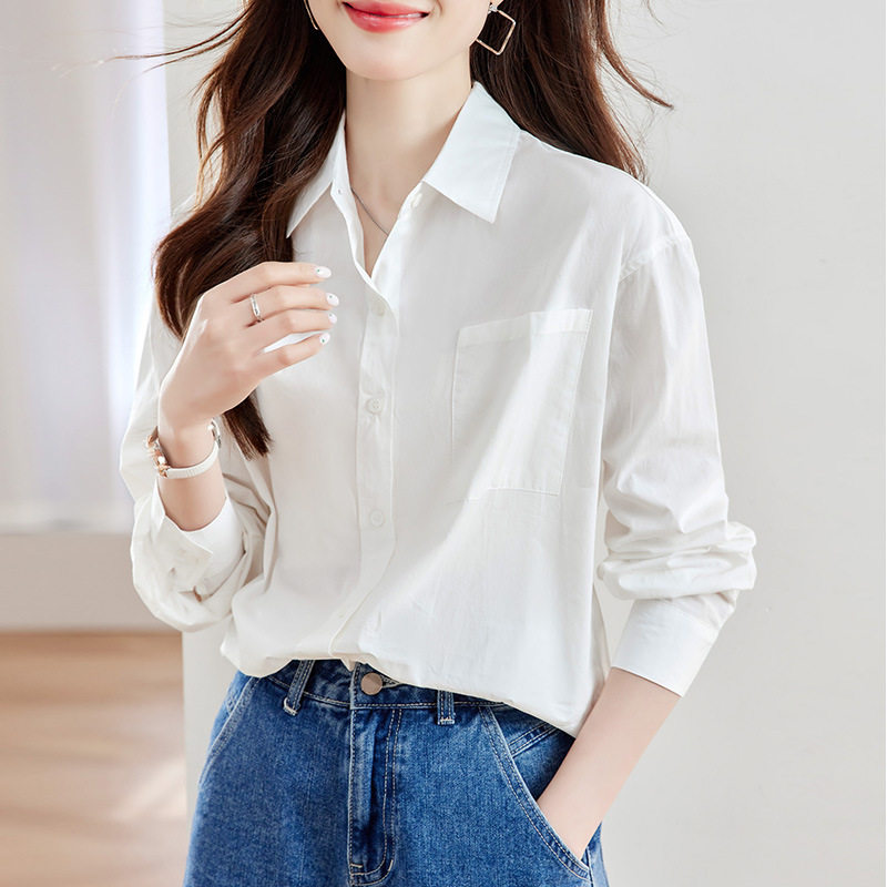 女长袖纯棉上衣气质别致纯色衬衣