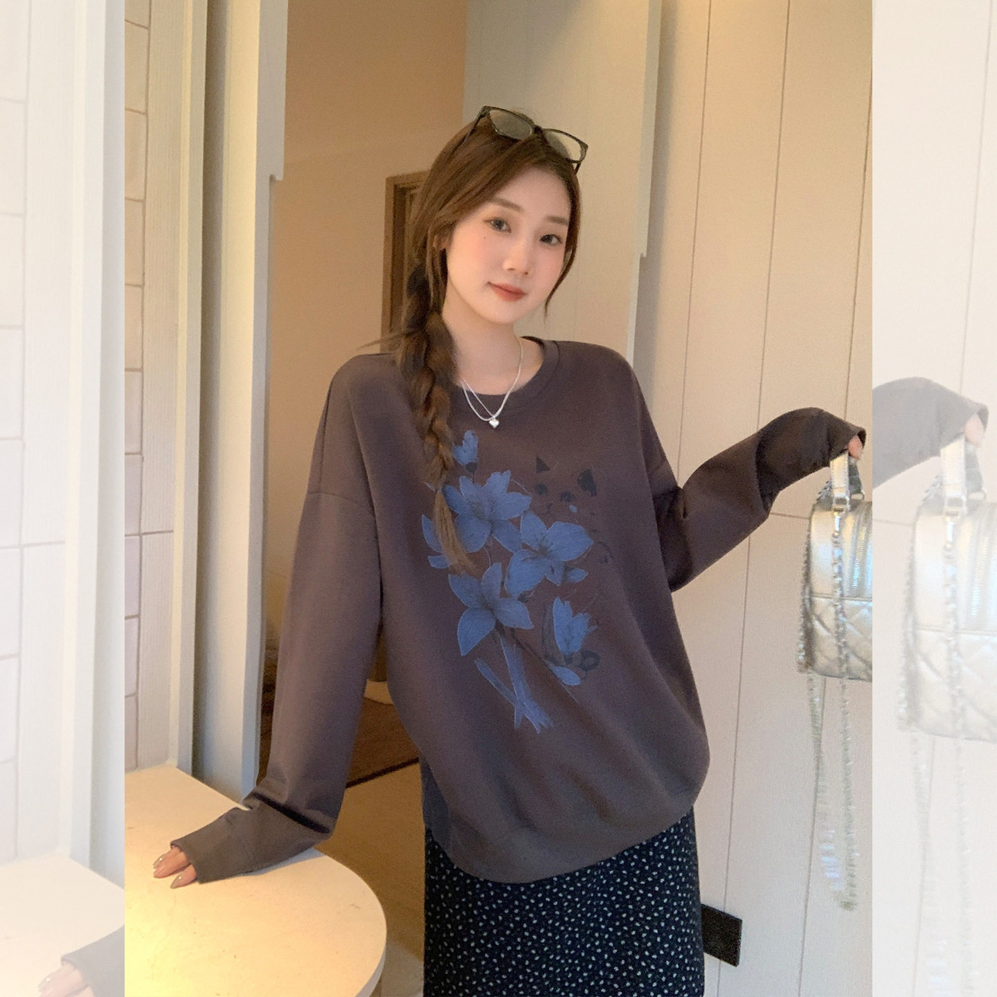 长袖复古花朵印花圆领打底卫衣