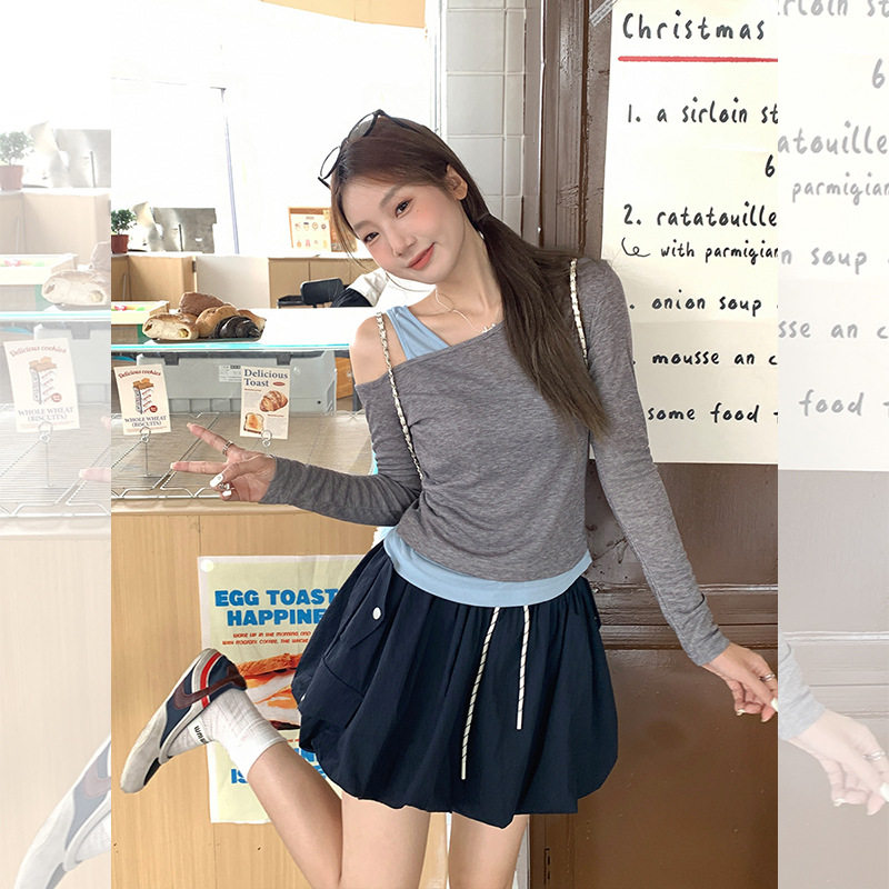假两件露肩长袖T恤显瘦修身上衣